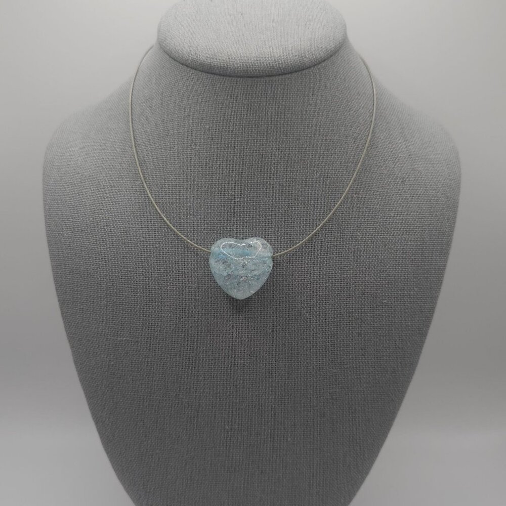 Crackle Glass Blue AquaMarine Healing Love Witchy Crystal Heart Choker Necklace‎